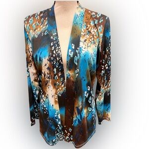 Ashli Couture Brown & Blue Artsy Print Open Front Slinky Travel Knit Jacket